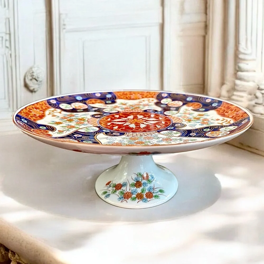 Vintage Japanese Kozan Kiln Porcelain Imari Pedestal Cake Plate Stand, 10”